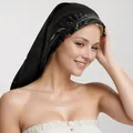 Elegant black satin bonnet for hair protection with comfortable elastic headband design - Black