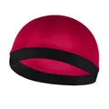 Detail of red faux silk wave dome cap featuring a durable black elastic wide headband - One Size / Burgundy