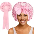 Bonnet de nuit en satin rose avec longs rubans et grand nœud pour protéger cheveux - Couture Extérieure / Rose