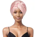 Pink satin double-layer adjustable sleep bonnet with twisted cross knot for hair care - Peach