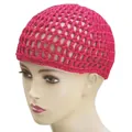 Bright rose pink crochet mesh knit beanie with hollowed-out texture on model head - Rose Red