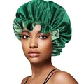 Close-up of model wearing dark green double-layered satin sleep cap with ruffled edges - Small (30CM) / Green And Light Green