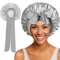 Détails du bonnet en satin gris argenté avec longs rubans pour protéger les cheveux - Couture Extérieure / Gris