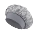 Silver satin sleep cap with a wide elastic knit band for hair protection and comfort - One Size / Dark Gray