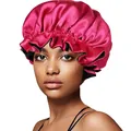 Close-up of rose red satin sleep cap with elastic ruffled edge and black lining on model - 30cm / Rose Red + Black