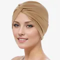 Elegant khaki cross-twist turban hat for women in soft stretch fabric with pleated detail - One Size / Khaki