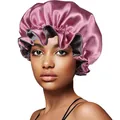 Detail of double-layer satin sleep cap with elastic ruffled edge in dusty rose and grey - 30cm / Dusky Rose And Dark Gray