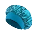 Teal wide-band elastic satin sleep cap with smooth silk texture for hair protection - One Size / Peacock Blue