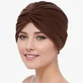 Front view of brown elastic turban hat for women with front cross knot detail - One Size / Coffee
