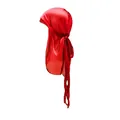 Detailed side view of silky red kids durag with long tail and shiny satin texture - One Size / Red