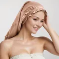 Champagne gold satin sleep bonnet with elastic ruffled band for long hair protection - Dusty Pink