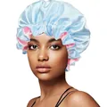 Detail of double-layer satin hair bonnet with elastic ruffle edge and silky blue texture - 30cm / Light Blue and Pink