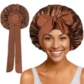 Bonnet de nuit en satin marron avec large bandeau élastique et nœud décoratif - Couture Extérieure / Café