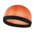 Detail view of smooth orange satin wave dome cap with elastic black wide headband - One Size / Orange
