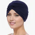 Navy blue stretch knit turban hat for women with elegant crisscross front twist detail - One Size / Navy Blue
