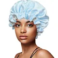 Close-up of light blue double-layered satin bonnet with elastic ruffled edge on model - 30cm / Light Blue And Gray
