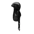Close-up of black silky durag showing smooth satin texture and long tail tie detail - One Size / Black