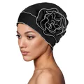 Women's black turban hat with large flower decoration and silver contrast stitching - One Size / Black