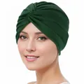 Deep green stretch turban hat with front cross knot design for women's elegant style - One Size / Green