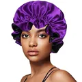 Detail of a purple double-layered satin bonnet with elastic ruffled edge on a model - 30cm / Purple + Black