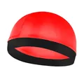 Close-up of vibrant red wave dome cap featuring a wide black elastic band and stitching - One Size / Red