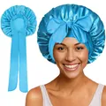Detail of bright blue satin sleep cap with large bow and adjustable long ribbons - Outer Seam / Peacock Blue