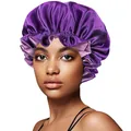 Close-up of premium purple satin bonnet with elastic ruffled edges and silky texture - 30cm / Purple And Light Purple