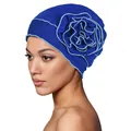 Close-up of royal blue turban hat featuring a 3D layered fabric flower with blue edges - One Size / Sapphire Blue