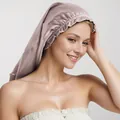 Champagne pink satin long hair sleep bonnet with elastic band for hair protection - Misty Brown