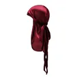 Detailed close-up of shiny dark red silky satin durag fabric and long tail straps - One Size / Burgundy
