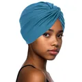 Close-up of bright blue twisted turban showing detailed soft knit fabric texture - One Size / Peacock Blue