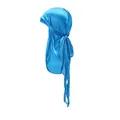 Detail of bright blue silky durag showing smooth satin texture and long tail straps - One Size / Peacock Blue