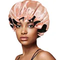 Detail of double-layer satin sleep cap with pink champagne and black elastic ruffles - 30cm / Ivory And Black