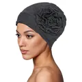 Detailed side view of dark grey turban hat featuring a large 3D layered fabric flower - One Size / Dark Gray