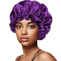 Close-up of premium purple satin sleep cap with elastic wide band and soft ruffles - 30cm / Purple Solid Color