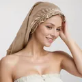 Elastic satin bonnet for hair care in champagne gold finish shown on model - Khaki