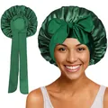 Macro detail of dark green satin sleep bonnet with elastic band and long ribbon bow - Outer Seam / Dark Green