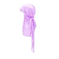 Detail of lavender silky durag showing smooth satin texture and long tail knotting - One Size / Light Purple