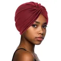 Primer plano de un turbante burdeos con nudo trenzado en tejido de punto elástico - Talla única / Rojo