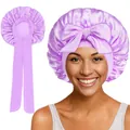 Detail showing lavender satin hair bonnet with long ribbons and model wearing view - Outer Seam / Light Purple