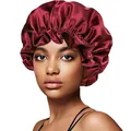Close-up of wine red satin sleep bonnet featuring a wide elastic band on a model - 30cm / Wine Red Solid Color