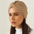 Detail view of khaki twist knot headwrap showing soft elastic jersey fabric texture - One Size / Khaki