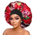 Rote Satin-Schlafhaube mit Blumenmuster und breitem schwarzem Gummiband zur Haarpflege - Roter Blumenstil