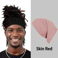 Detail showing elastic magic bandana worn as a beanie and flat lay of skin red color fabric - Dusty Rose