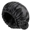 Double-layer satin bonnet for men with adjustable button strap for hair care - Black/Black