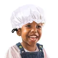 Detail of adjustable elastic button on white double-layer satin bonnet for children - White