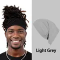 Elastic long headscarf for dreadlocks shown in black on model and light grey flat lay - Light Gray
