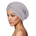 Grey ribbed turban hat with crossover front design made of stretch knit fabric - Gray