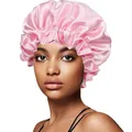 Close-up of pink satin sleep bonnet with elastic ruffled edge on female model - 30cm / Solid Pink