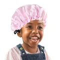 Detailed view of pink satin hair bonnet with adjustable black elastic button buckle - Pink